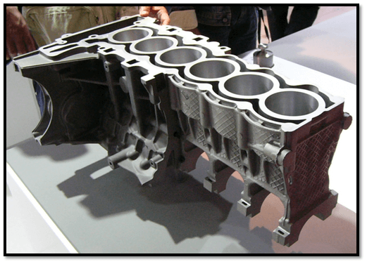 An engine block with aluminium and magnesium die castings -